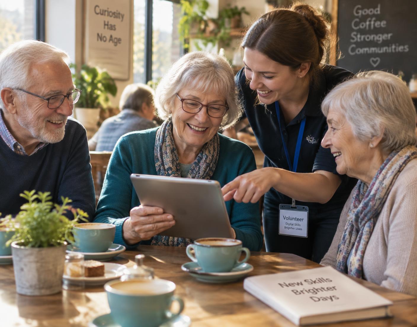 Ältere Menschen lernen gemeinsam mit einer Trainerin am Tablet in einem Café